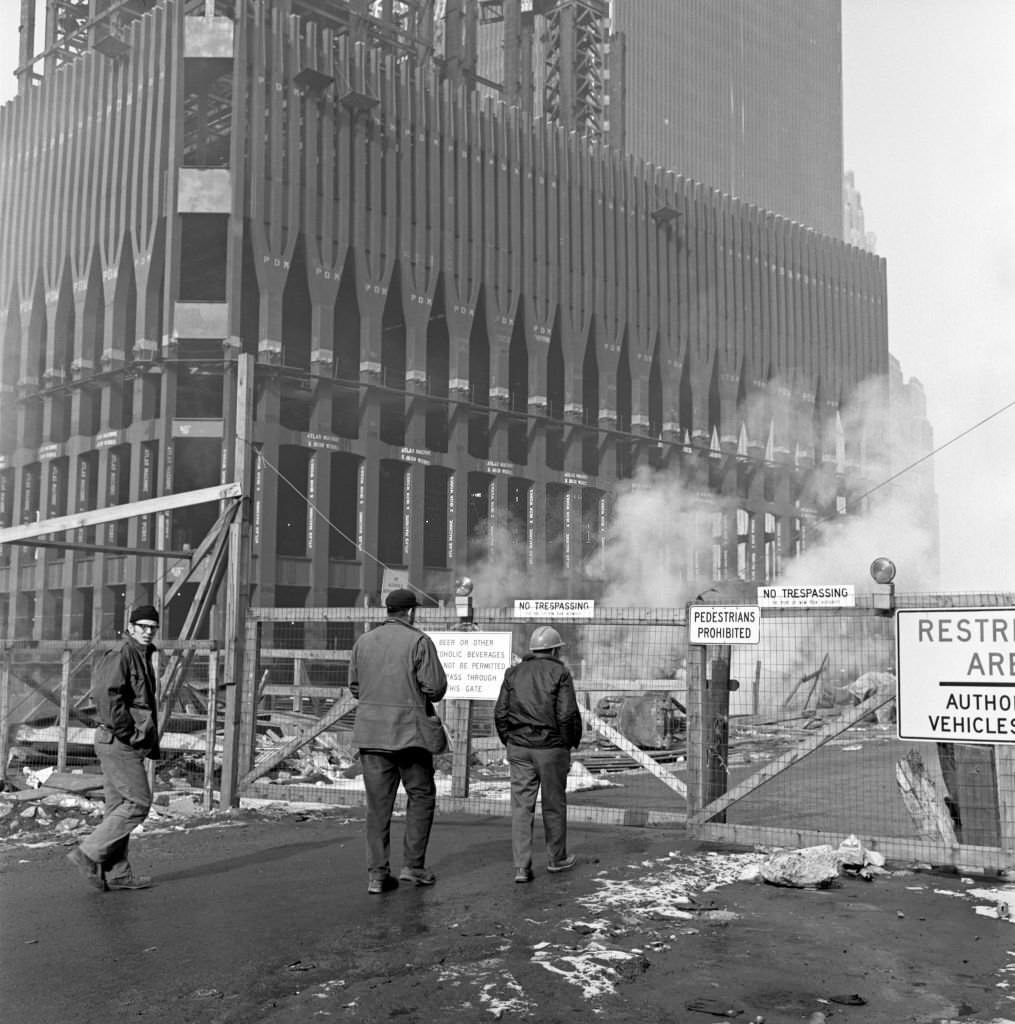 Workers entering the World Trade Center construction site in Downtown Manhattan, 1970.
