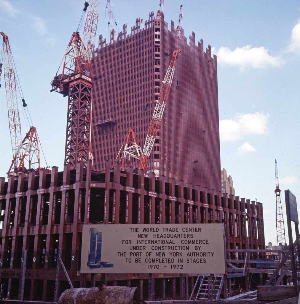 View of partially completed structures at the construction site for the World Trade Center complex, 1969.