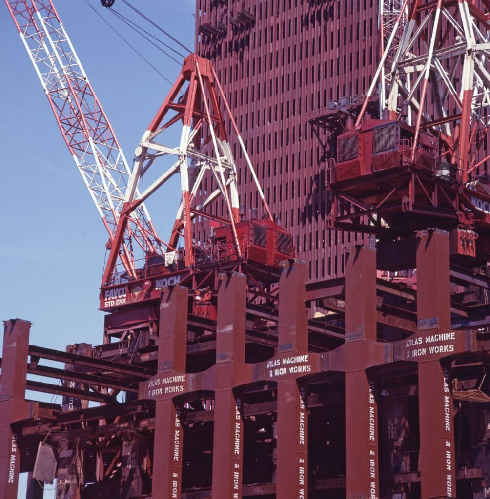 Partially completed structures at the construction site for the World Trade Center complex, 1969.