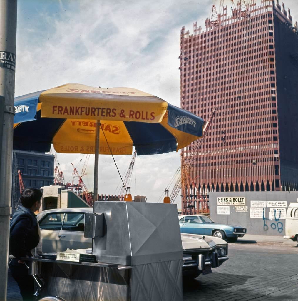 View of the construction of One World Trade Center (North Tower) at Greenwich and Fulton streets, 1969.