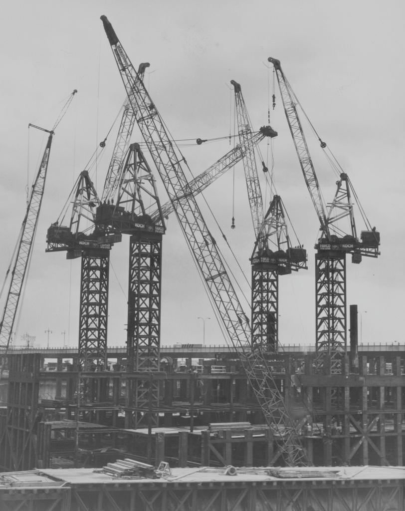 Kangaroo cranes at the excavation site for the World Trade Center in New York, 1968.
