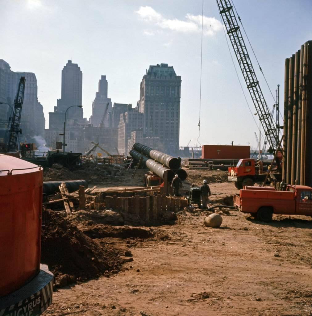 View of the construction site of towers one and two of the World Trade Center in downtown Manhattan, 1968.