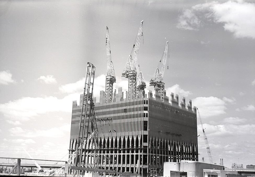 The north tower of the World Trade Center under construction, 1970s.
