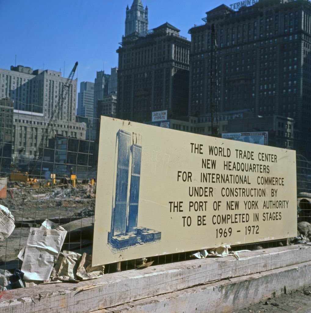 The construction site of towers one and two of the World Trade Center in downtown Manhattan, 1968.