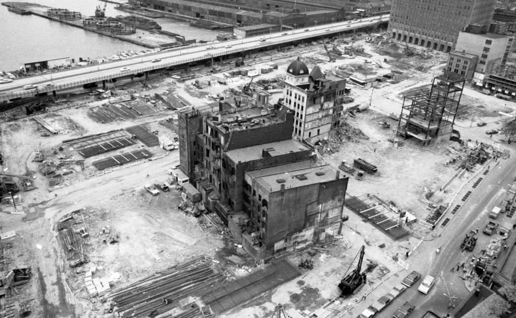 The World Trade Center construction site looking northwest from corner of Greenwich and Liberty streets toward Vesey and West Streets.