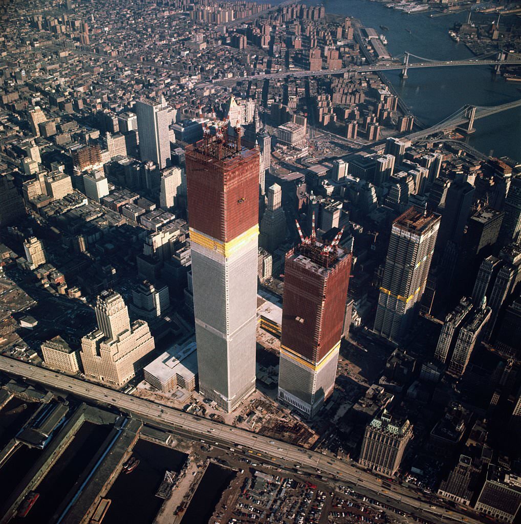 An aerial view of the World Trade Center under construction in downtown Manhattan.