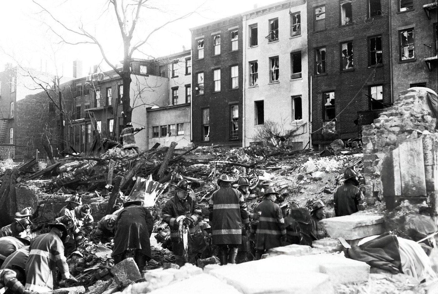 Firemen Search Through Debris At The Scene Of The Dc-8 Crash In Brooklyn; Windows In The Rear Were Blown Out By The Blast After The United Airlines Dc-8 &Amp;Amp; Twa Super Constellation Aviation Accident, 1960.