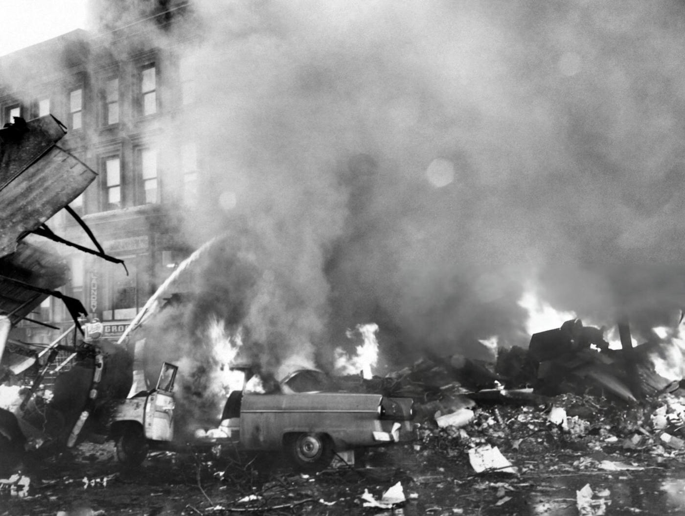 Scene Of The Plane Crash In Brooklyn After A Collision Between Two Airliners, United Airlines Flight 826 And Trans World Airlines Flight 266 Over New York City, 1960.