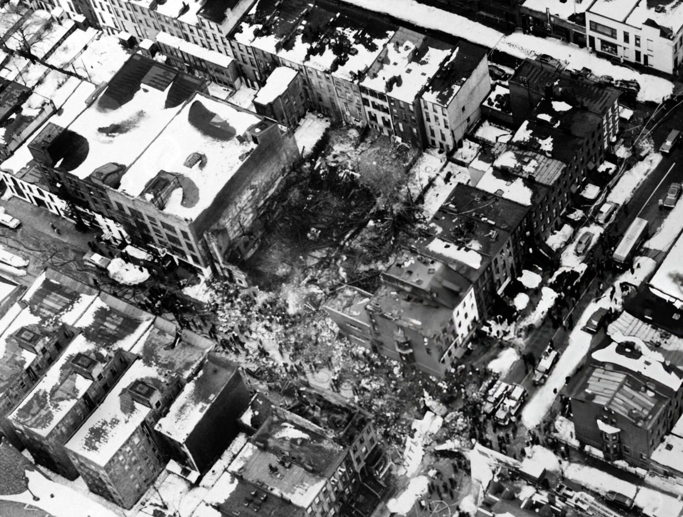 Aerial View Of The Scene Of The Plane Crash In Brooklyn After A Collision Between Two Airliners, United Airlines Flight 826 And Trans World Airlines Flight 266 Over New York City, 1960.