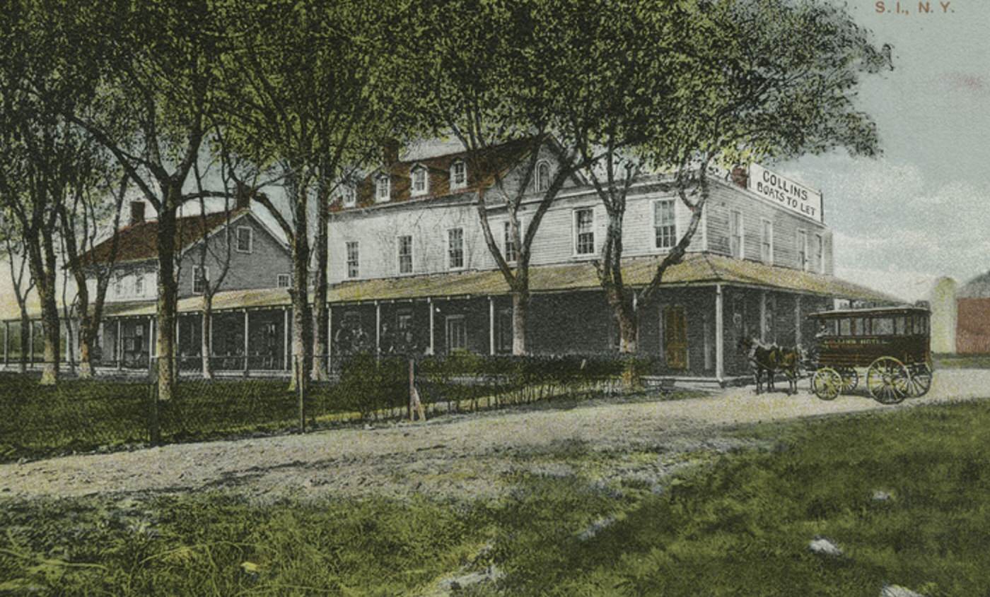 Collins Hotel with the sign "Collins Boats to Let" and a horse-drawn Collins Hotel shuttle vehicle out front, Great Kills, Staten Island.