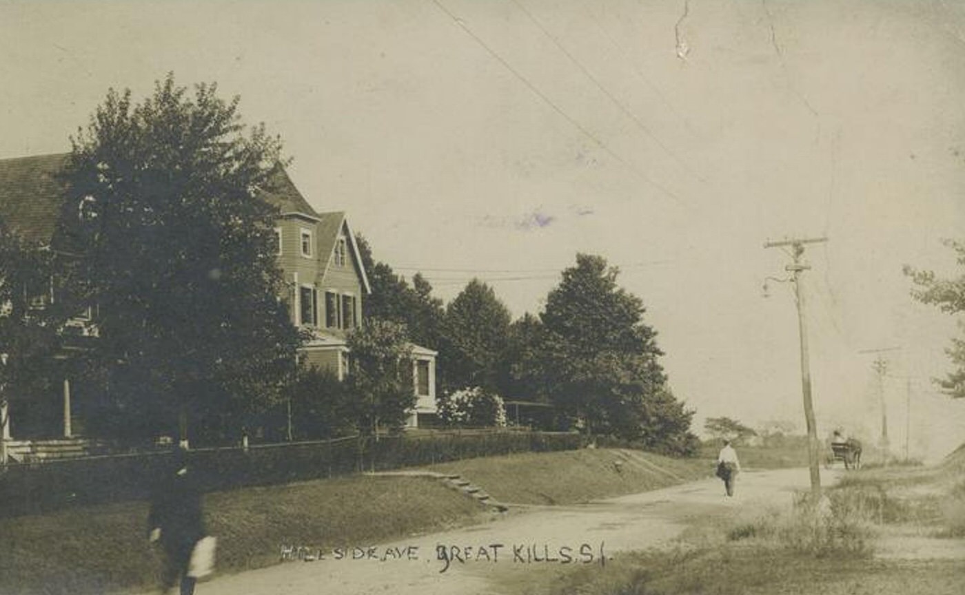 Large house, people walking in the street, an old street lamp, and a horse and carriage on Hillside Avenue, Great Kills, Staten Island.