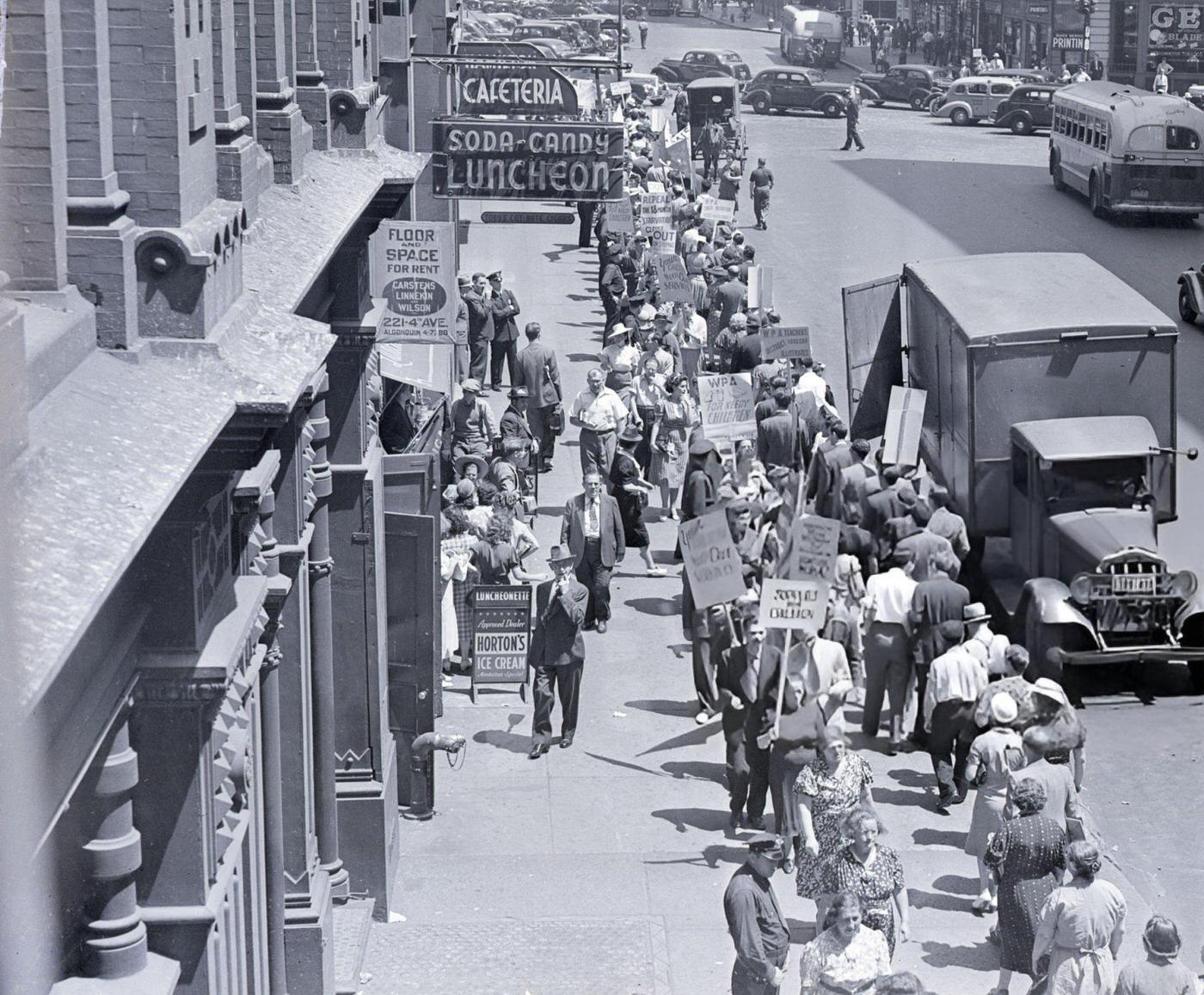 W.p.a. Teachers Mass Picketing In Astor Place In Protest Against New Relief Act Provisions, 1939.