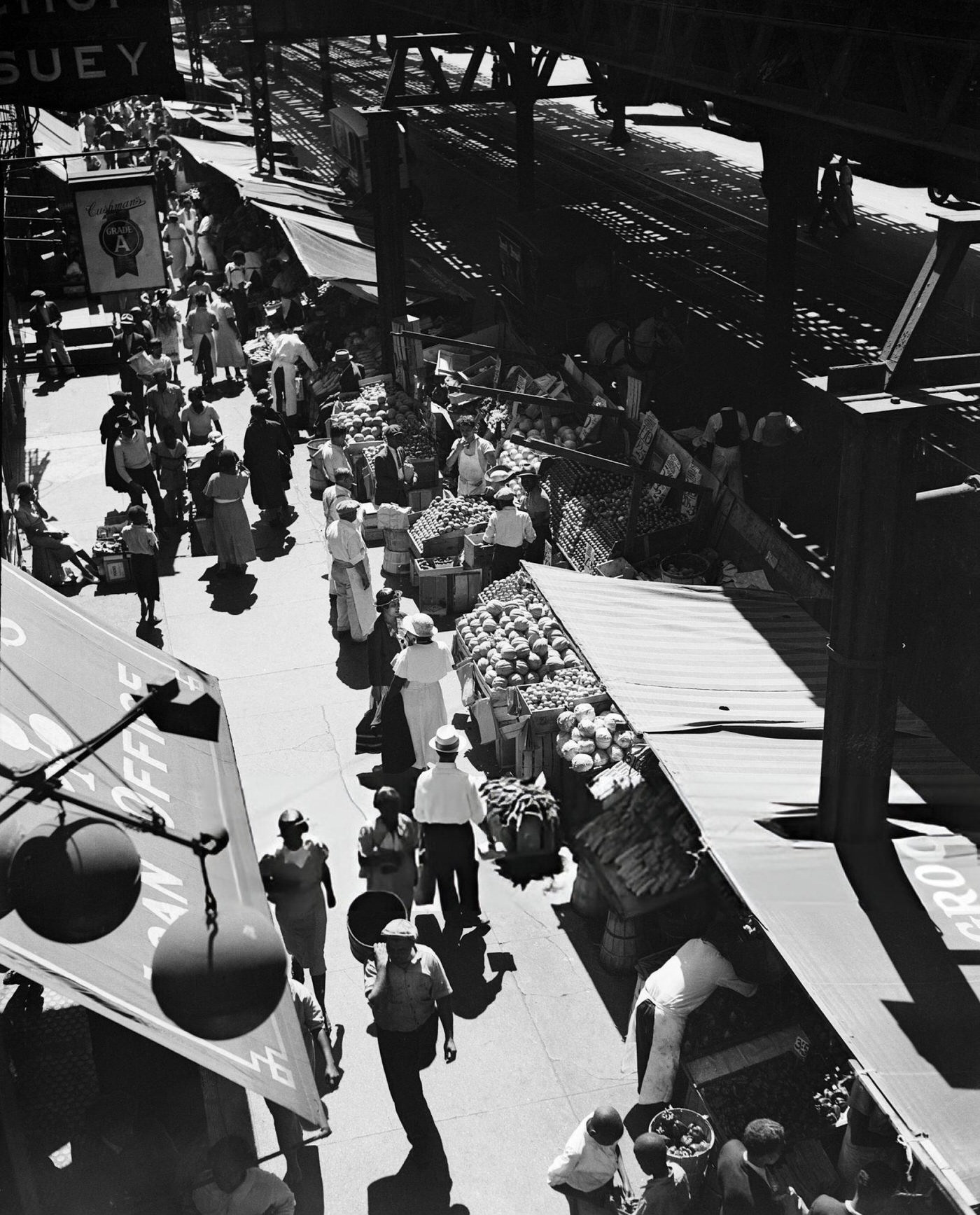 Outdoor Market Under The Eighth Avenue Elevated Train In Harlem, 1935.