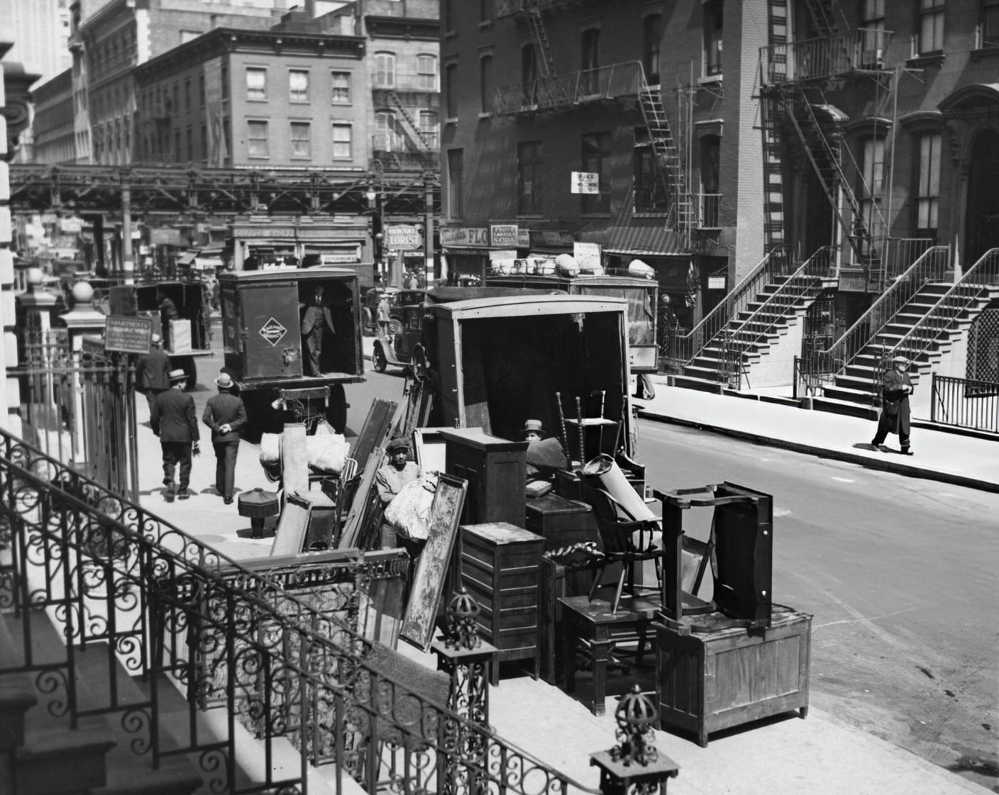 Removal Vans With Furniture On The Sidewalk In Harlem, 1930S.