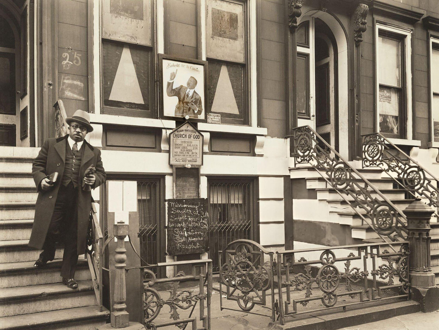 Man Standing On Steps, Church Of God, 25 East 132Nd Street, Harlem, 1936.