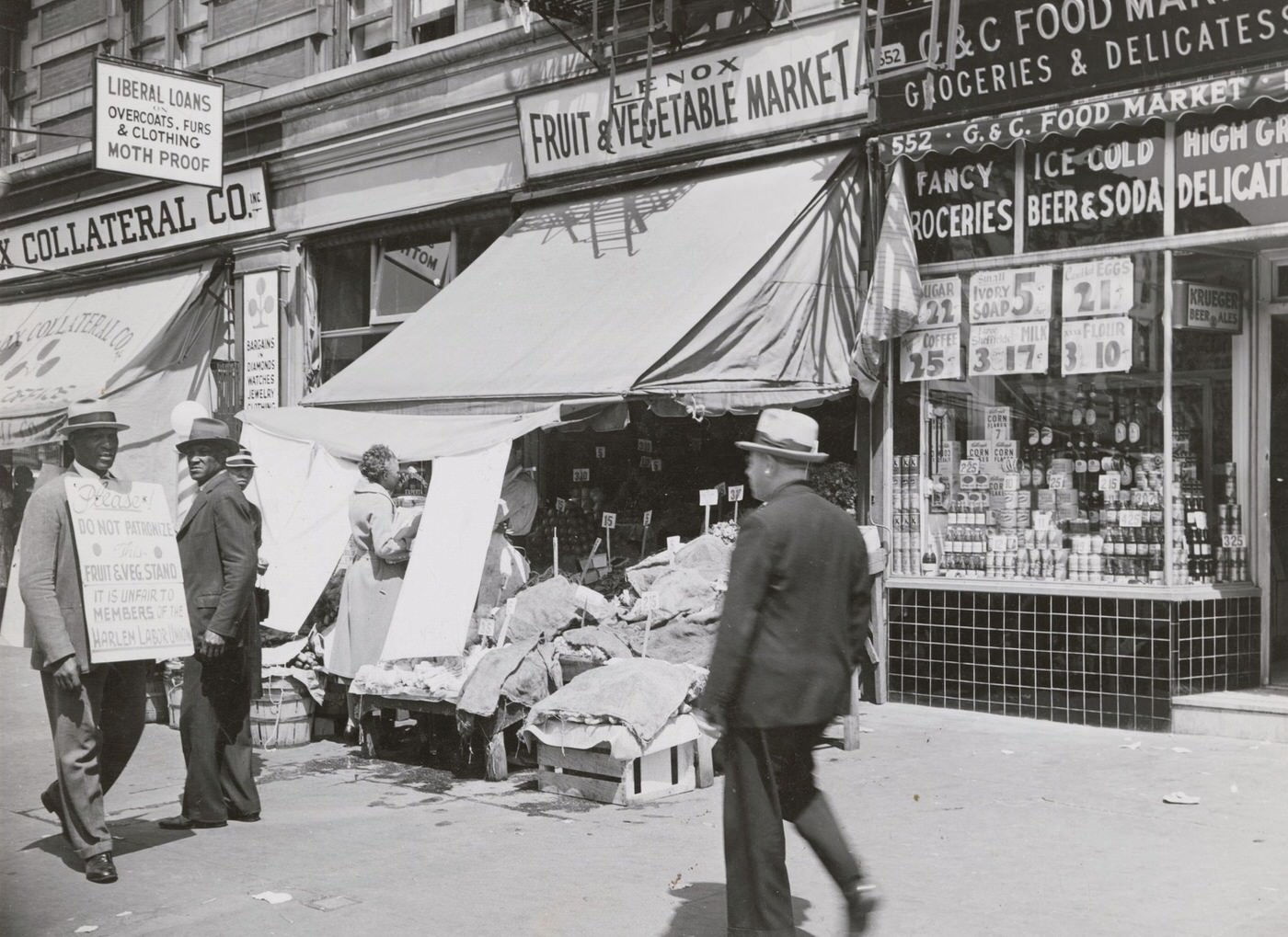 Lenox Fruit &Amp;Amp; Vegetable Market Being Picketed By A Labor Union Supporter, Harlem, 1939.