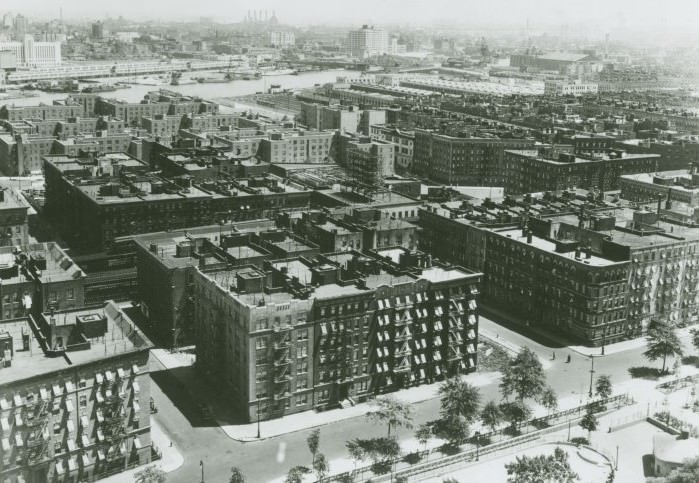 Aerial View Of Harlem, Looking Southeast, Possibly From Edgecombe Avenue Above Colonial (Now Jackie Robinson) Park, 1939.