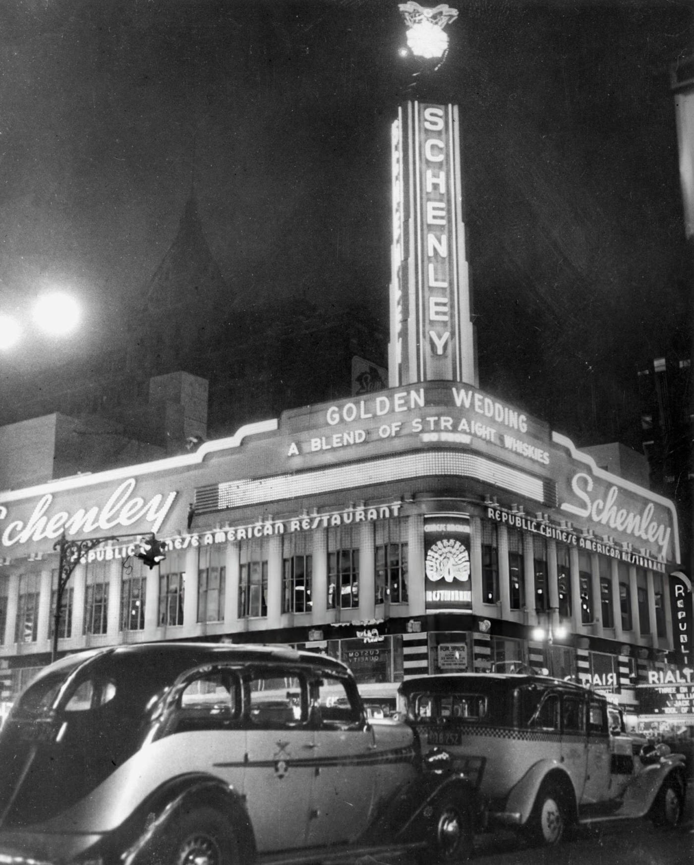 Schenley'S, A Chinese Restaurant In New York'S Times Square, Lit Up At Nighttime, 1936