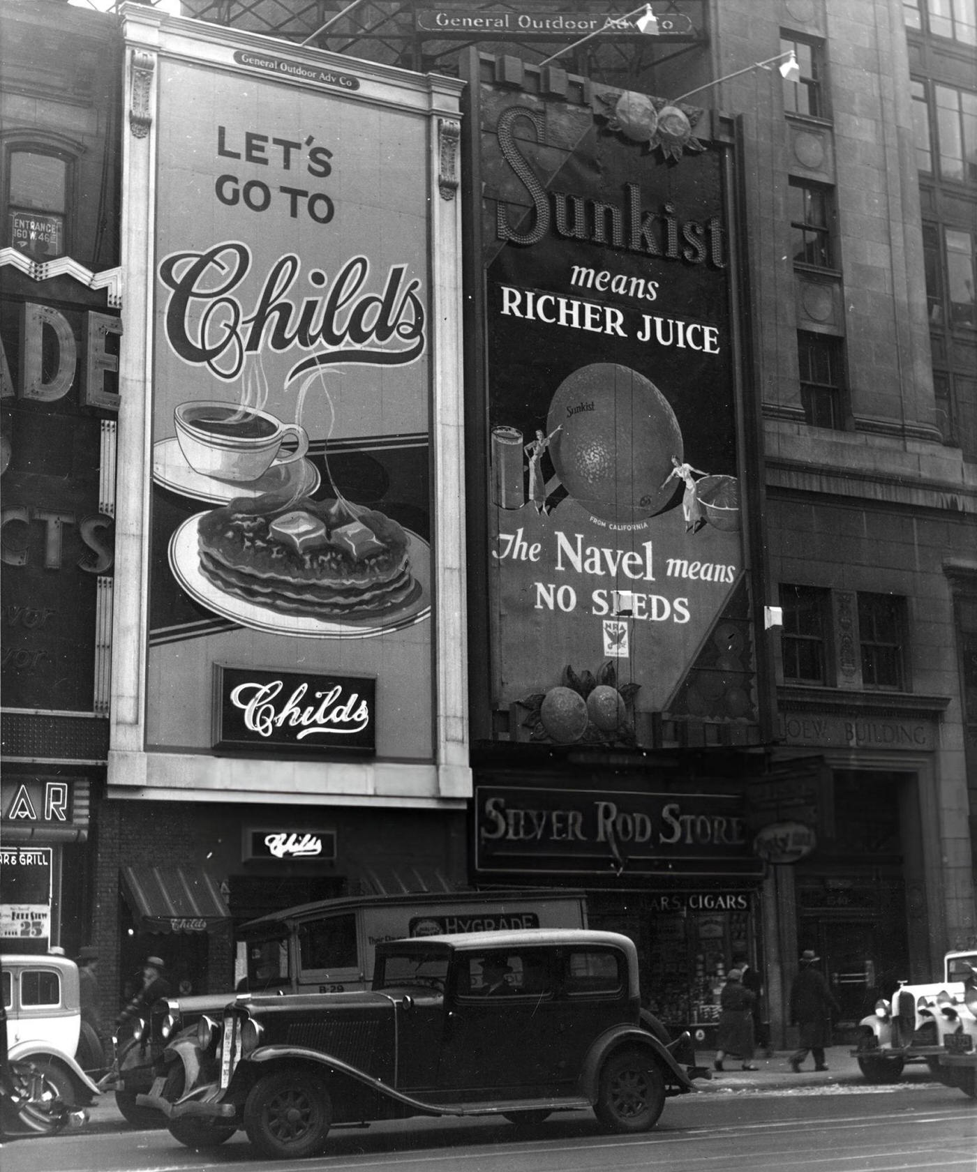 Childs Restaurant And Sunkist Oranges, On Broadway, 1930.