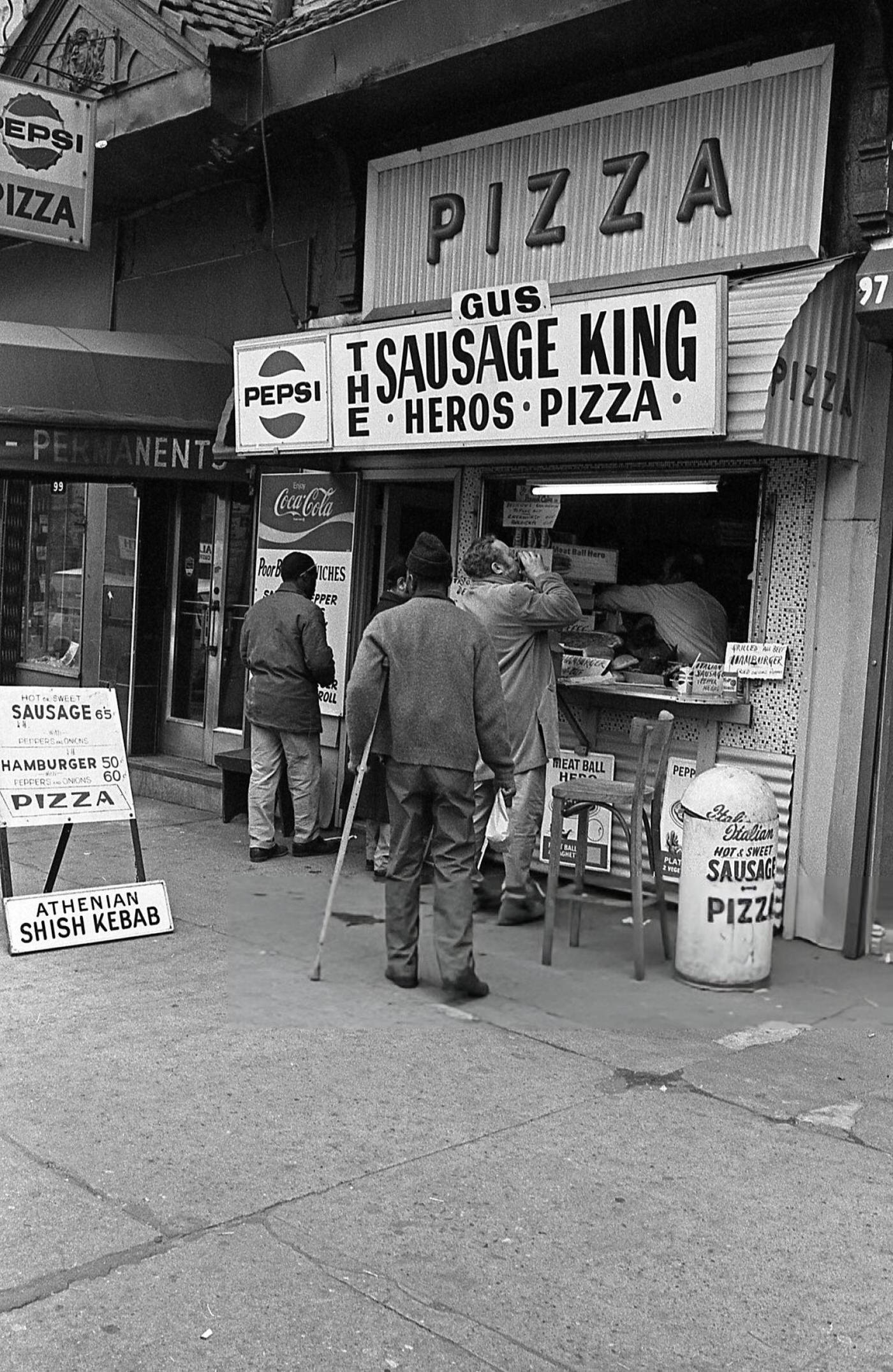 Patrons Line Up In Front Of A Small Mom And Pop Pizzeria On 42Nd Street In Times Square, 1970.