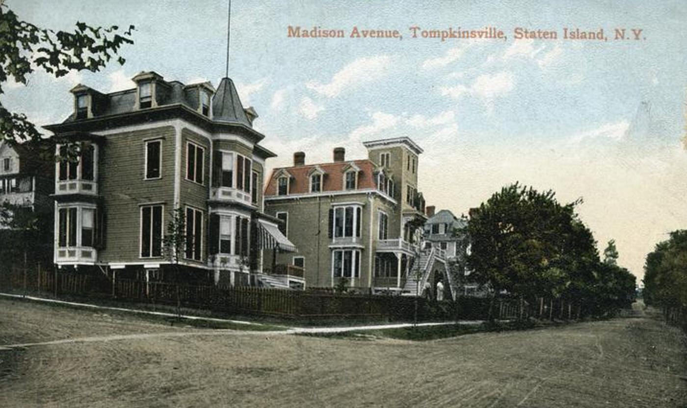 Madison Avenue, Tompkinsville, Staten Island, New York, featuring a view of a corner with two large mansions.