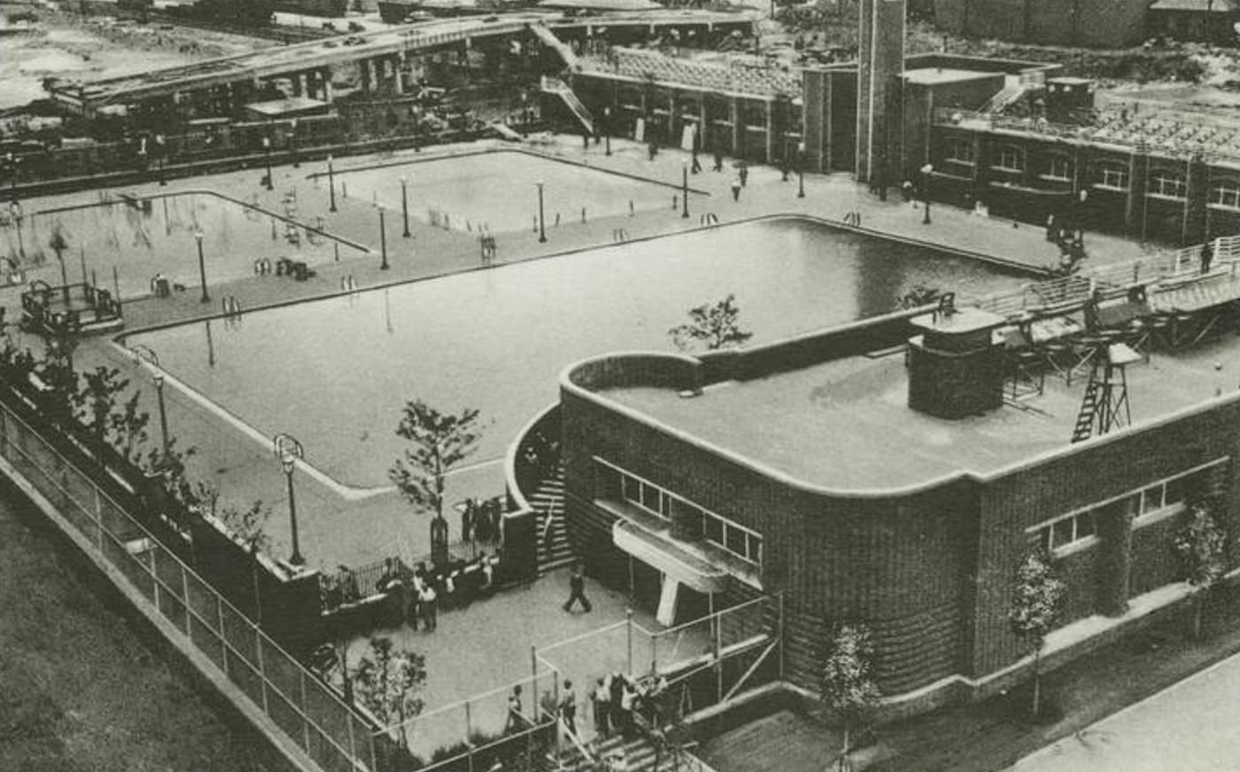 Aerial view of the public swimming pool and bath house, Tompkinsville, Staten Island, New York.
