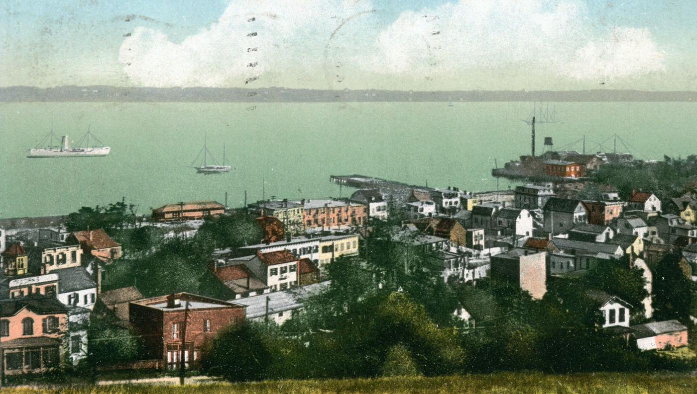 Bird's eye view of Tompkinsville showing government anchorage, Staten Island.