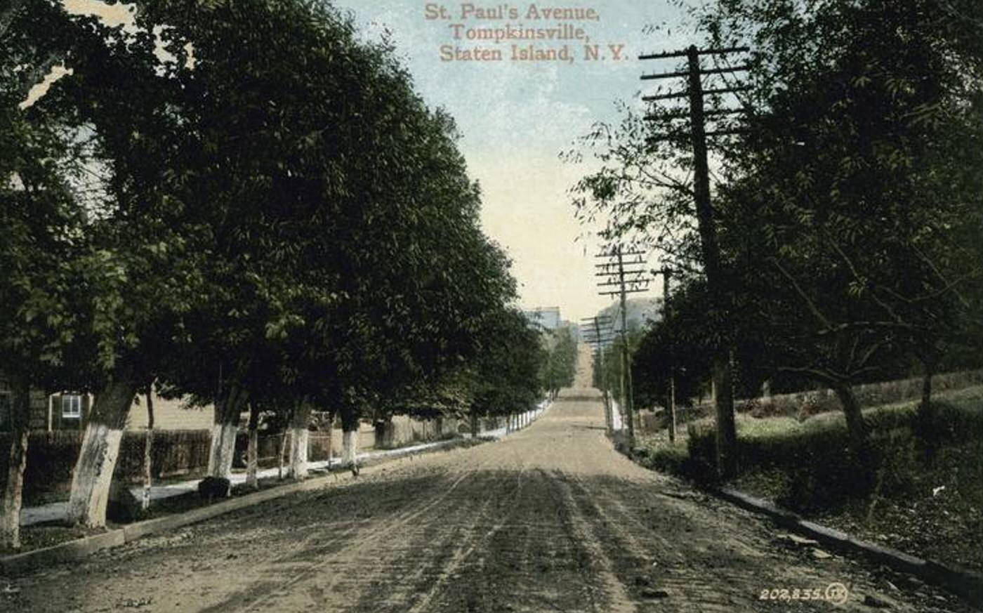 St. Paul's Avenue, Tompkinsville, Staten Island, New York, showing a long, tree-lined brick street.