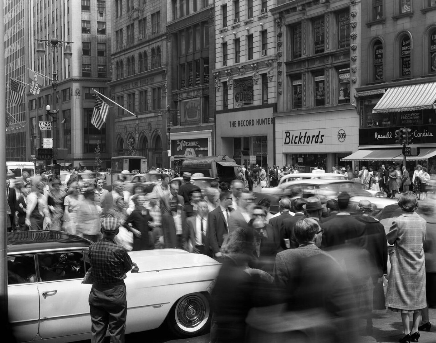 Crowd Of Pedestrians And Cars At Fifth Avenue And 42Nd Street, Manhattan, New York City, 1950S.