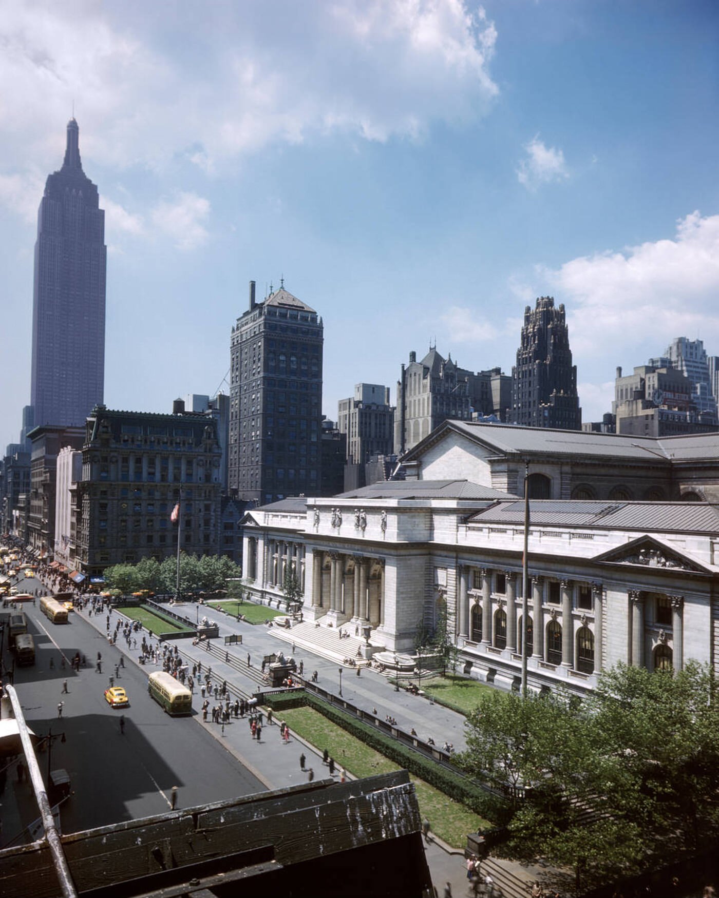 Elevated View Looking Down On Ny Public Library With Empire State Building On Far Left, Fifth Avenue, New York, 1950S.