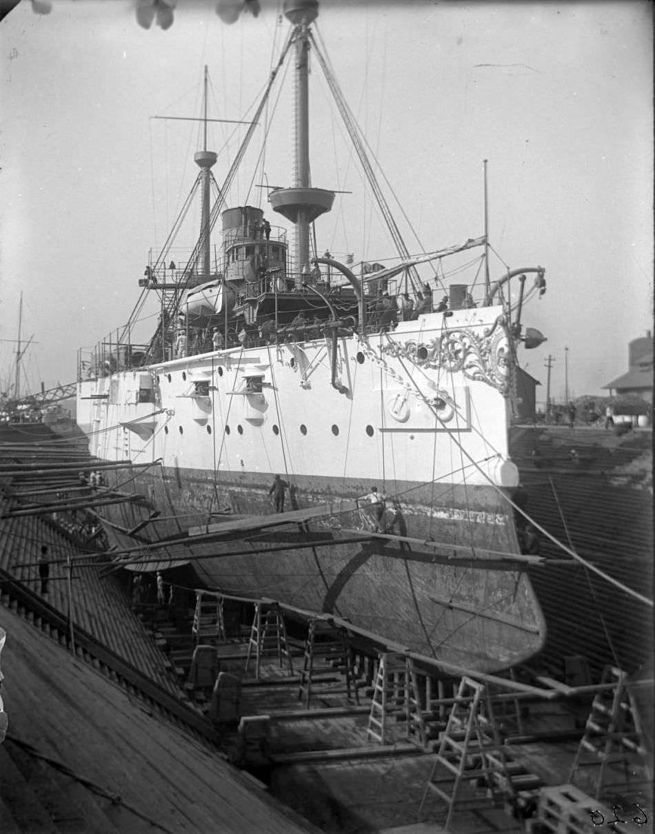 The Uss Texas In Dry Dock, Brooklyn Navy Yard, New York City, 1900S. Bow View.