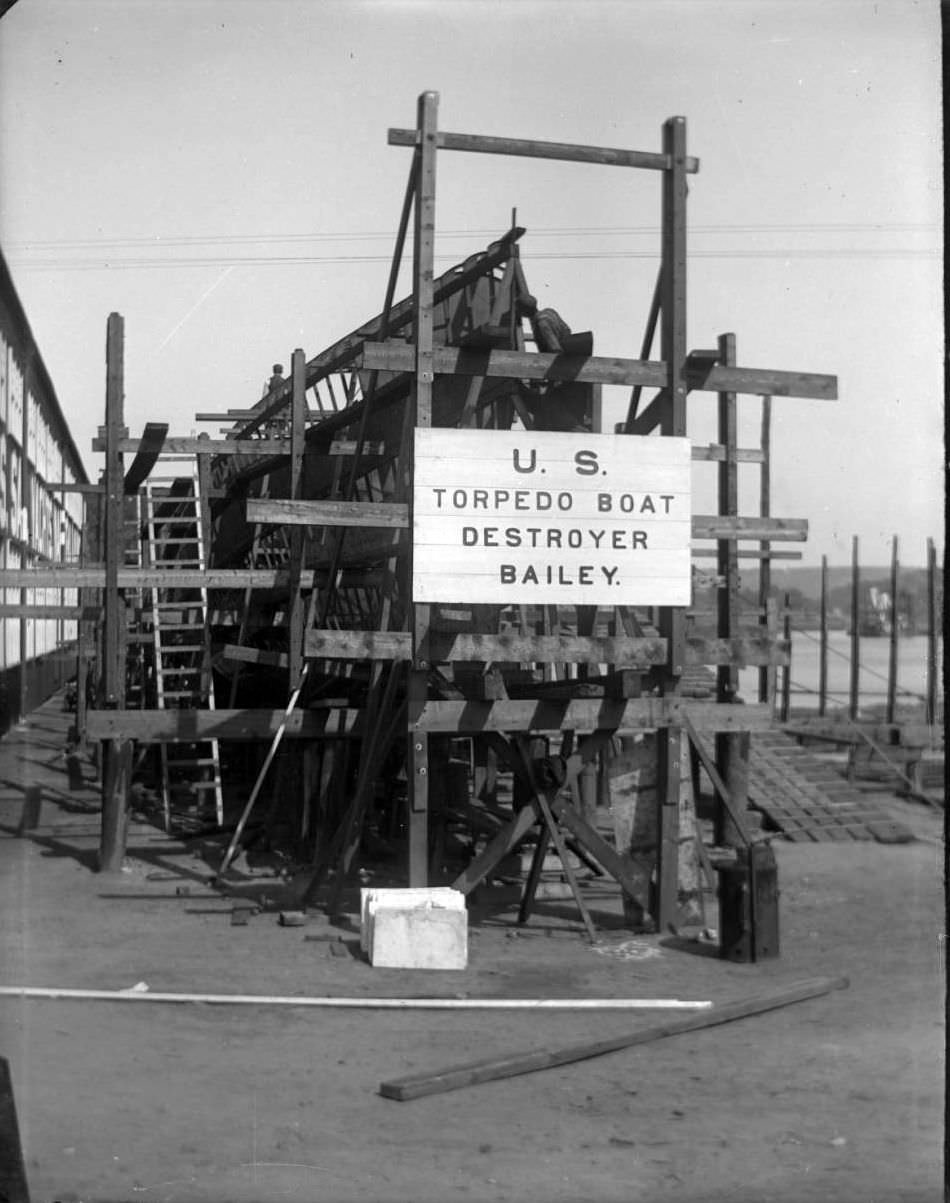 Torpedo Boat Destroyer Uss Bailey Under Construction, Brooklyn Navy Yard, New York City.