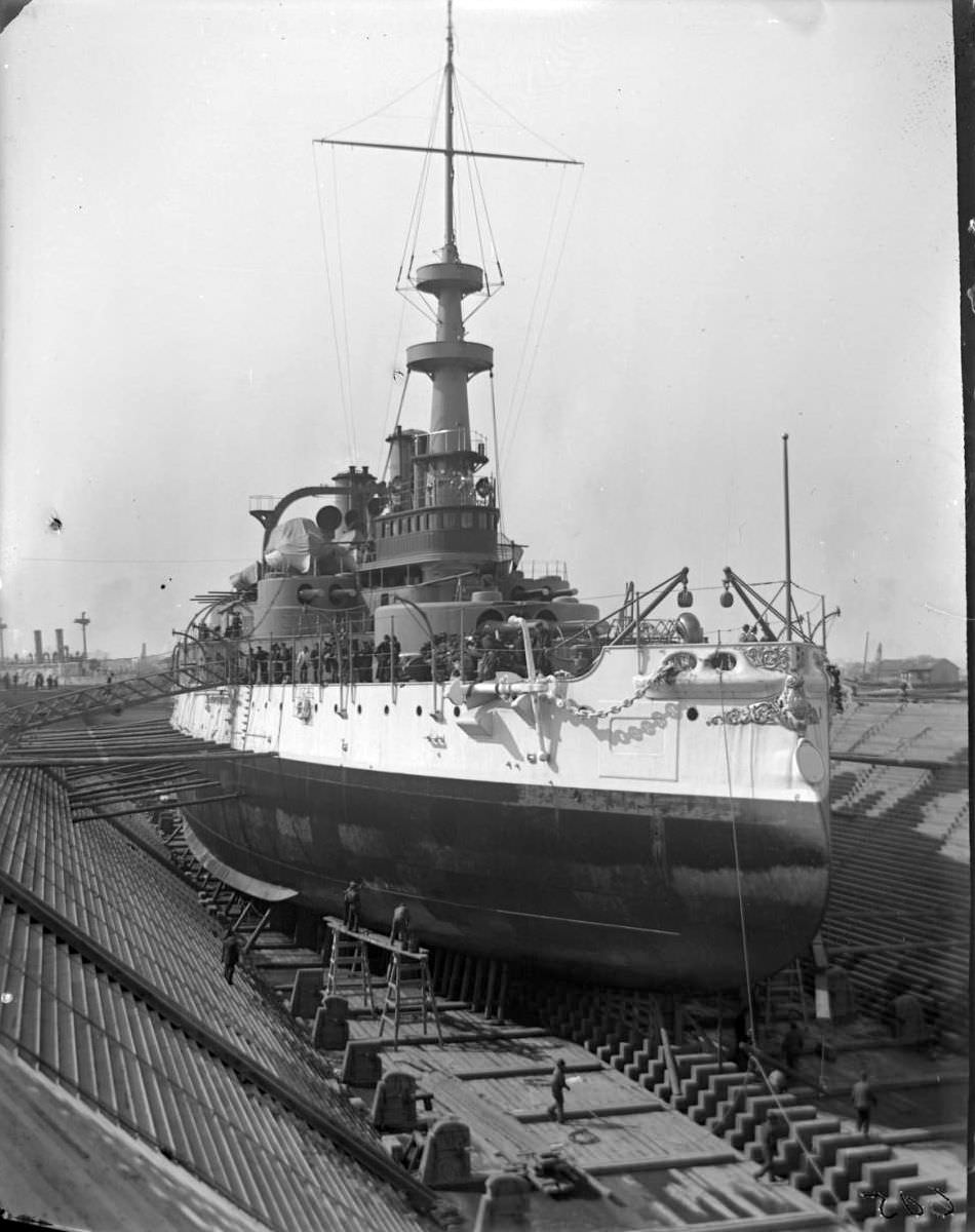 The Uss Massachusetts In Dry Dock, Brooklyn Navy Yard, New York City, 1900S.