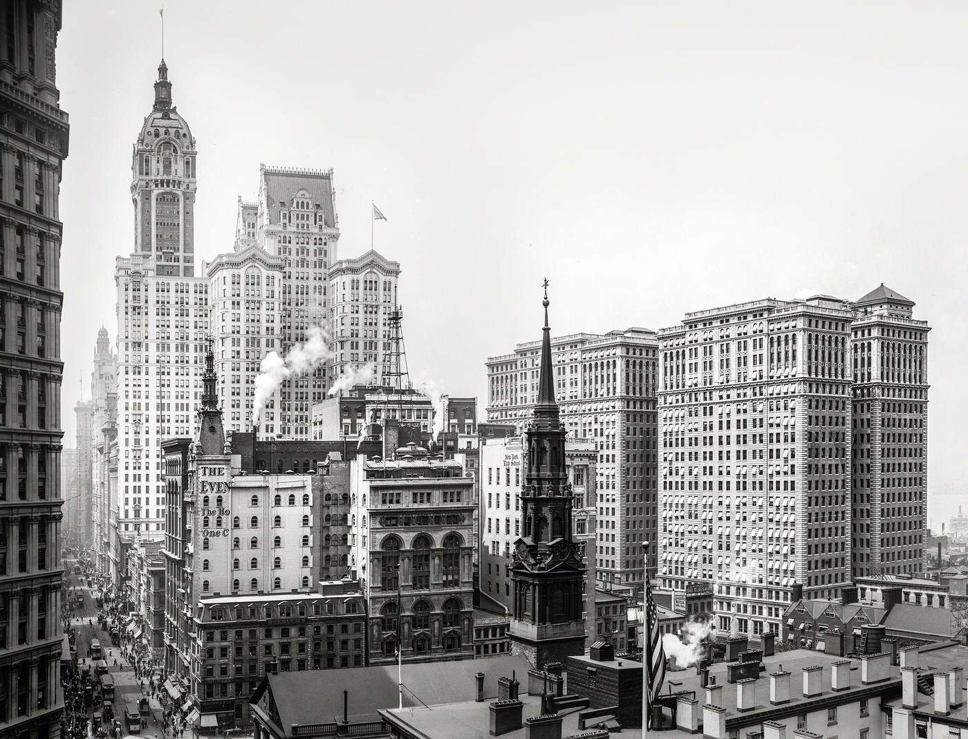 Broadway And St. Paul'S Chapel From The Post Office With Singer, City Investing And Hudson Terminal Buildings, 1910.