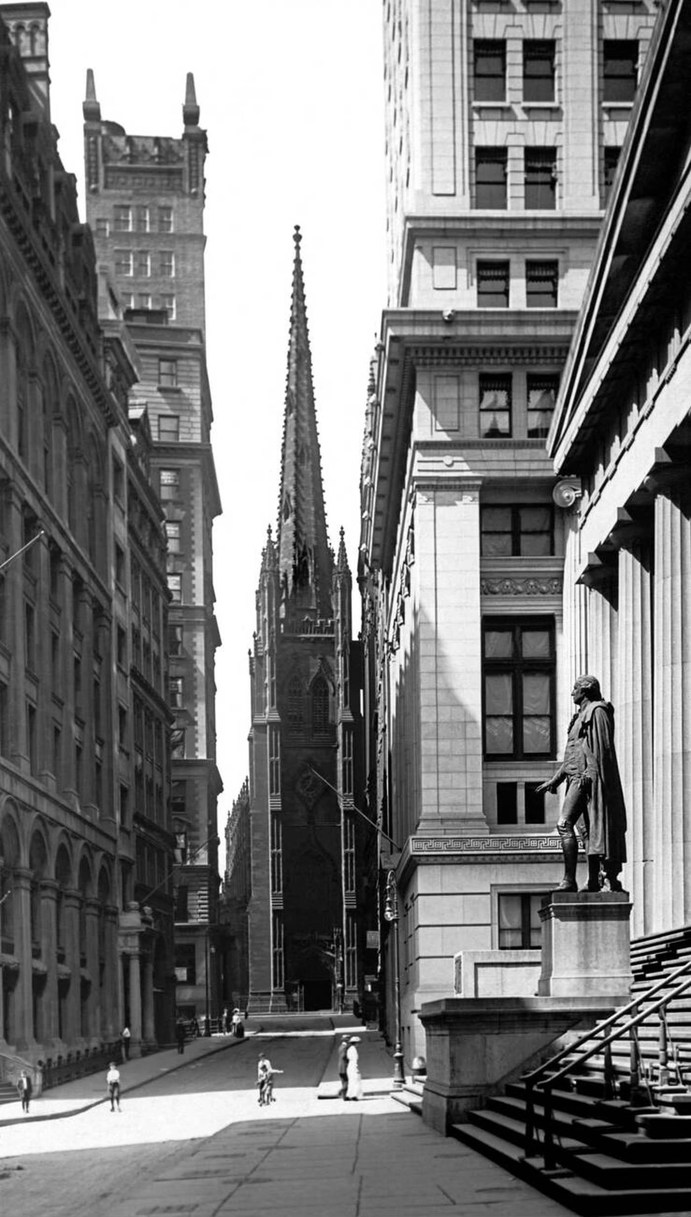 Wall Street On A Sunday Towards Broadway With Trinity Church, 1915.