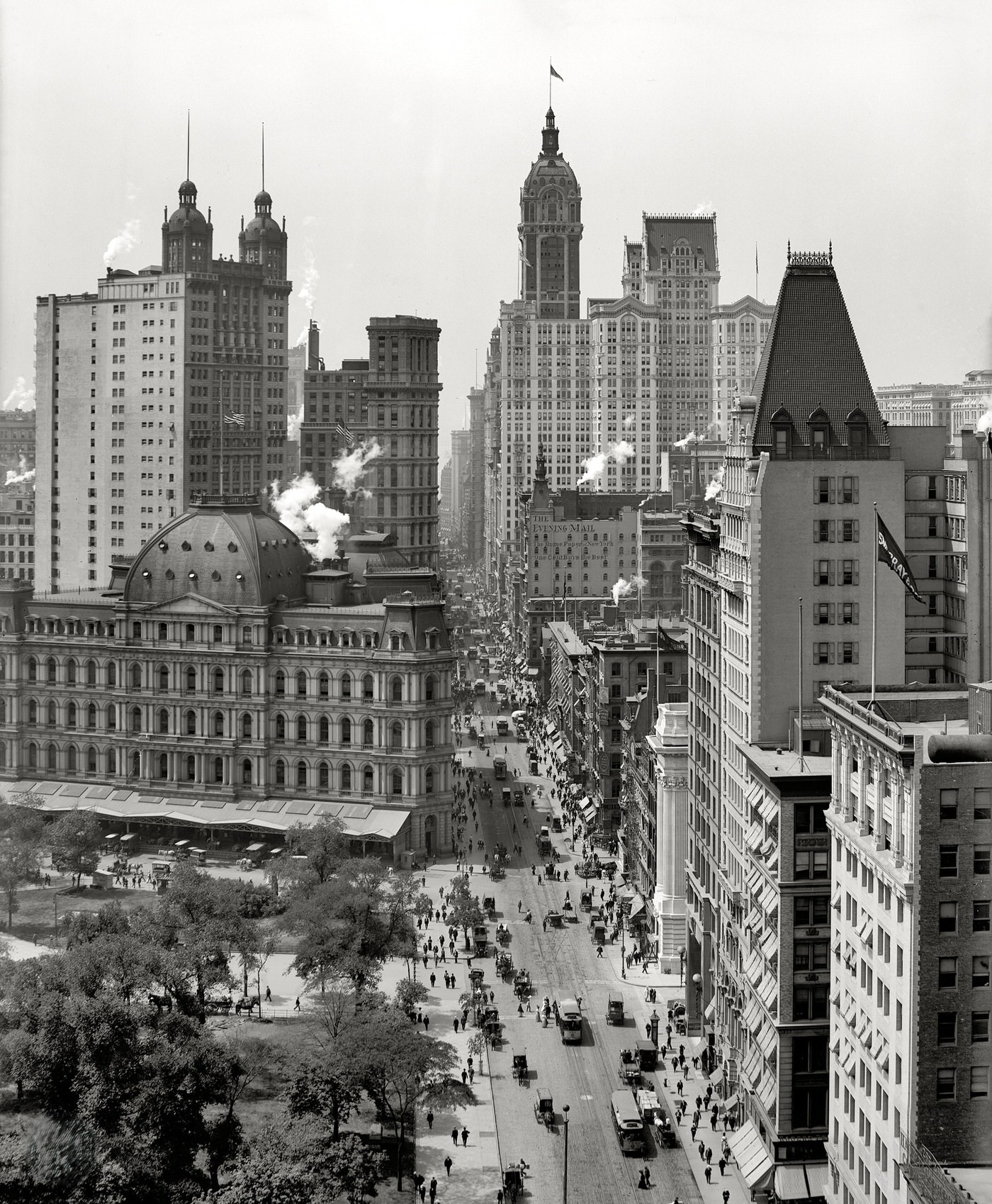 A View Of Broadway From Chambers Street, City Hall Park, Post Office, Park Row, City Investing And Singer Buildings, 1910.