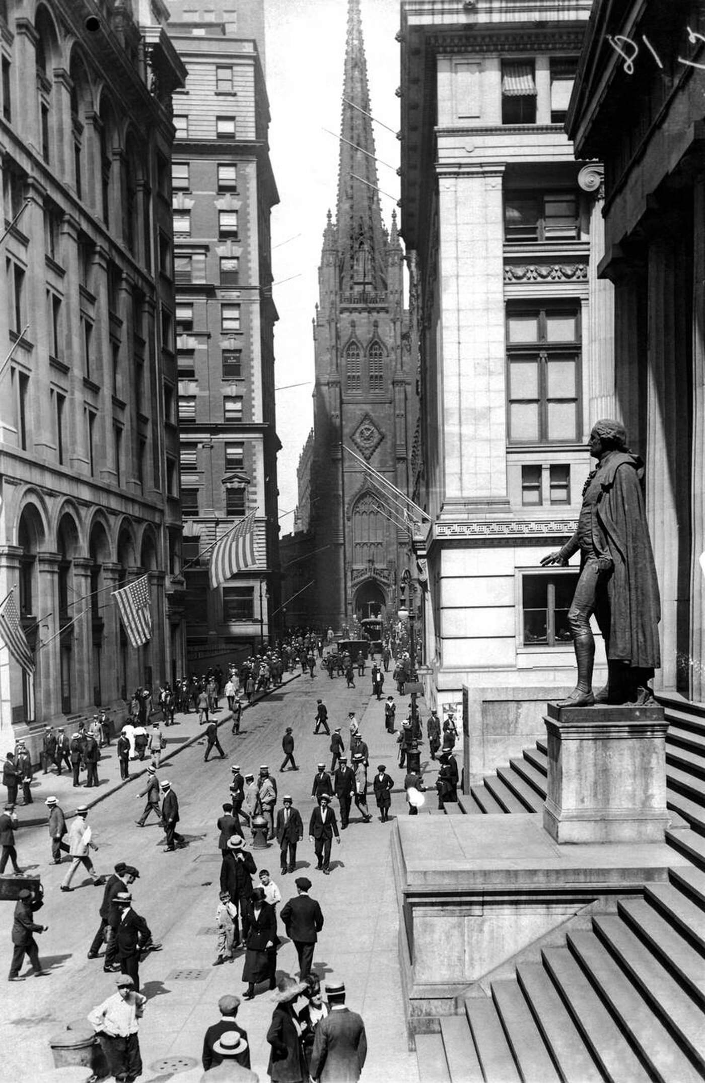 Looking West On Wall Street From The U.s. Treasury Towards Broadway With Trinity Church, New York, 1924.