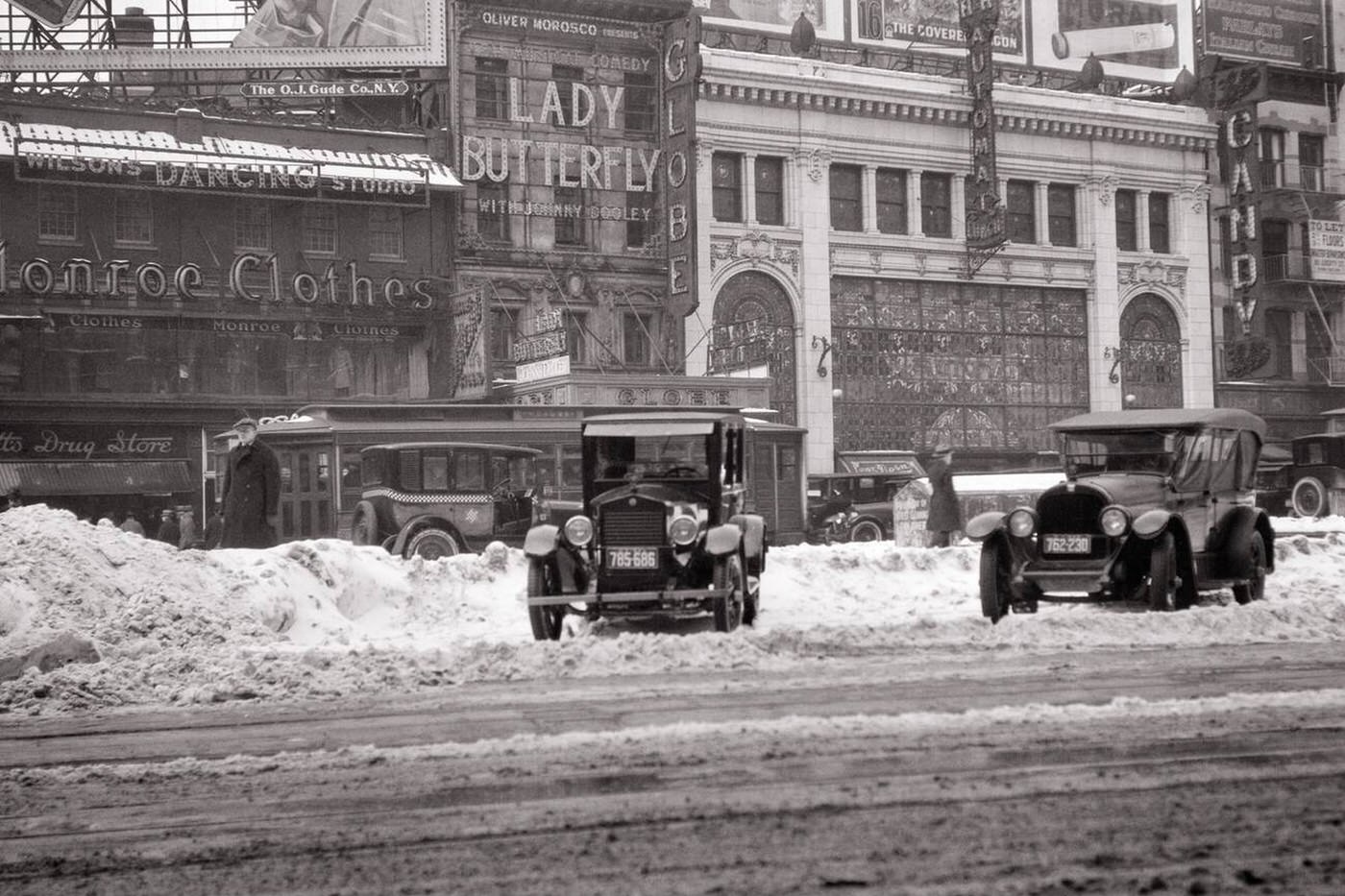 Times Square Winter Scene, New York City, Featuring The Horn &Amp;Amp; Hardart Automat And A Musical Play At The Globe Theater, 1920S.
