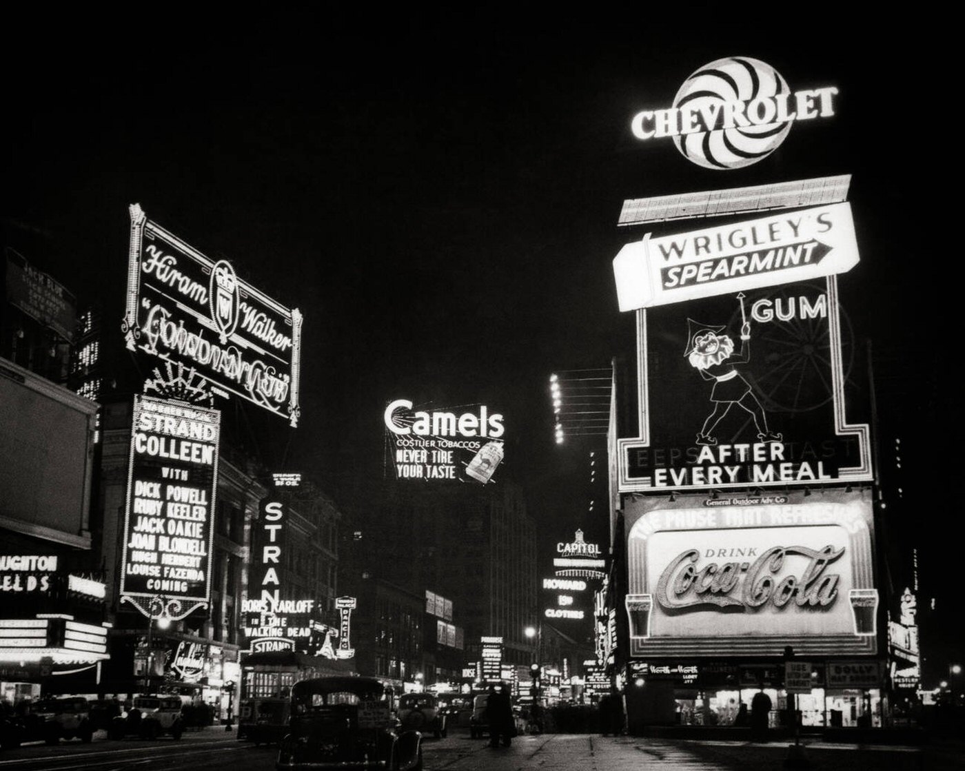 Times Square Broadway And 47Th Street Full Of Neon Signs And Marquees At Night, 1936.