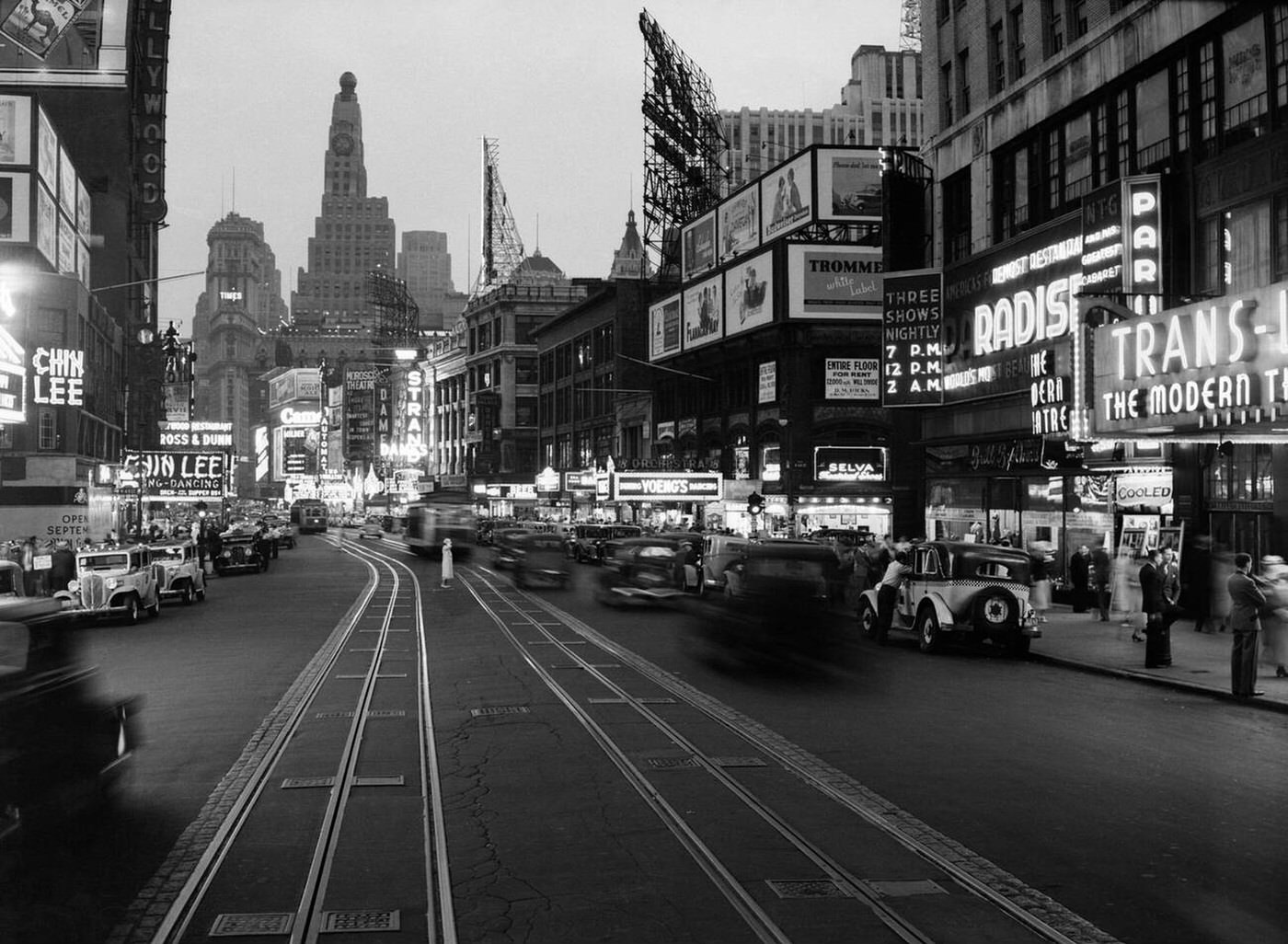 Night Street Scene On Broadway Looking South To Times Square, 1934.