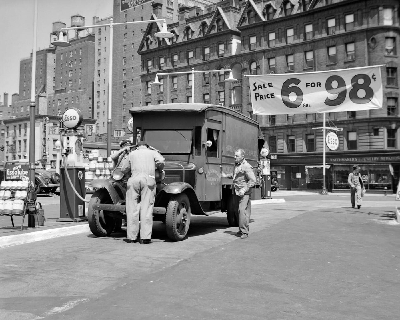 A Truck Filling Up At An Esso Gas Station Advertising 6 Gallons For 98 Cents At Broadway &Amp;Amp; 68Th Street, 1930S.
