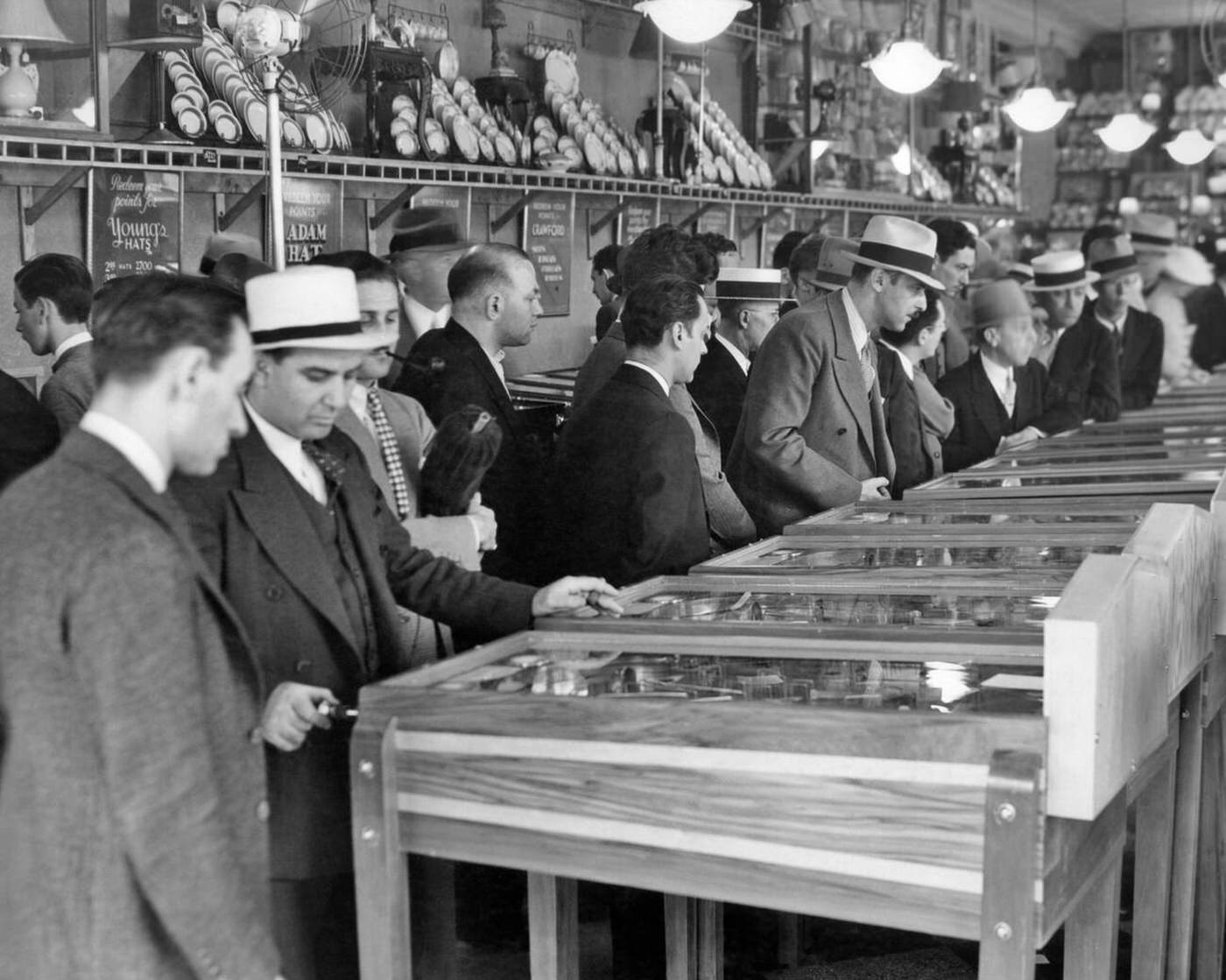 Men Playing Marble Pinball Machines In A Broadway Amusement Arcade, Times Square, 1930S.