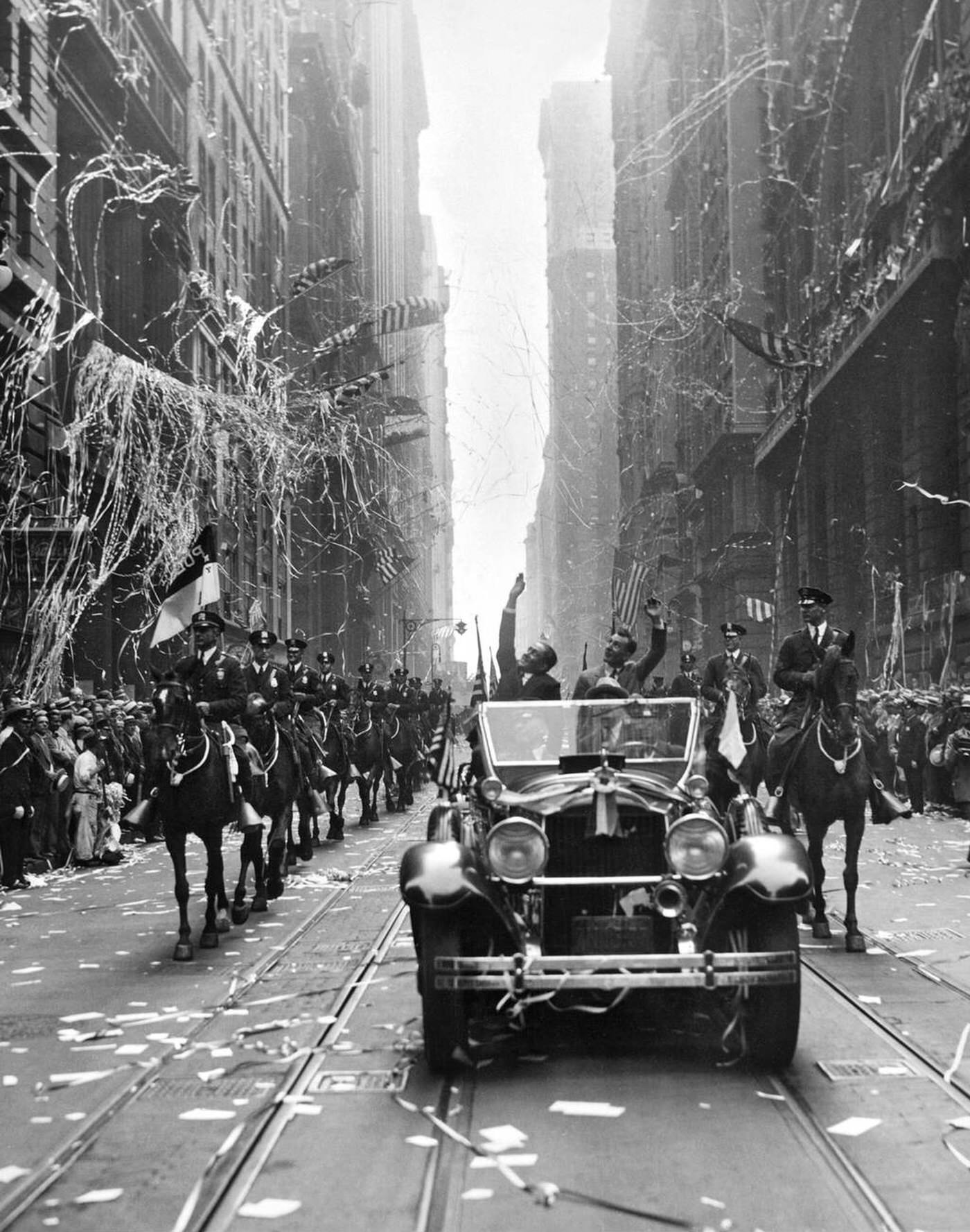 French Aviators Dieudonne Costes And Maurice Bellonte In A Parade Up Broadway After Being The First To Fly Nonstop From Paris To New York, 1930.