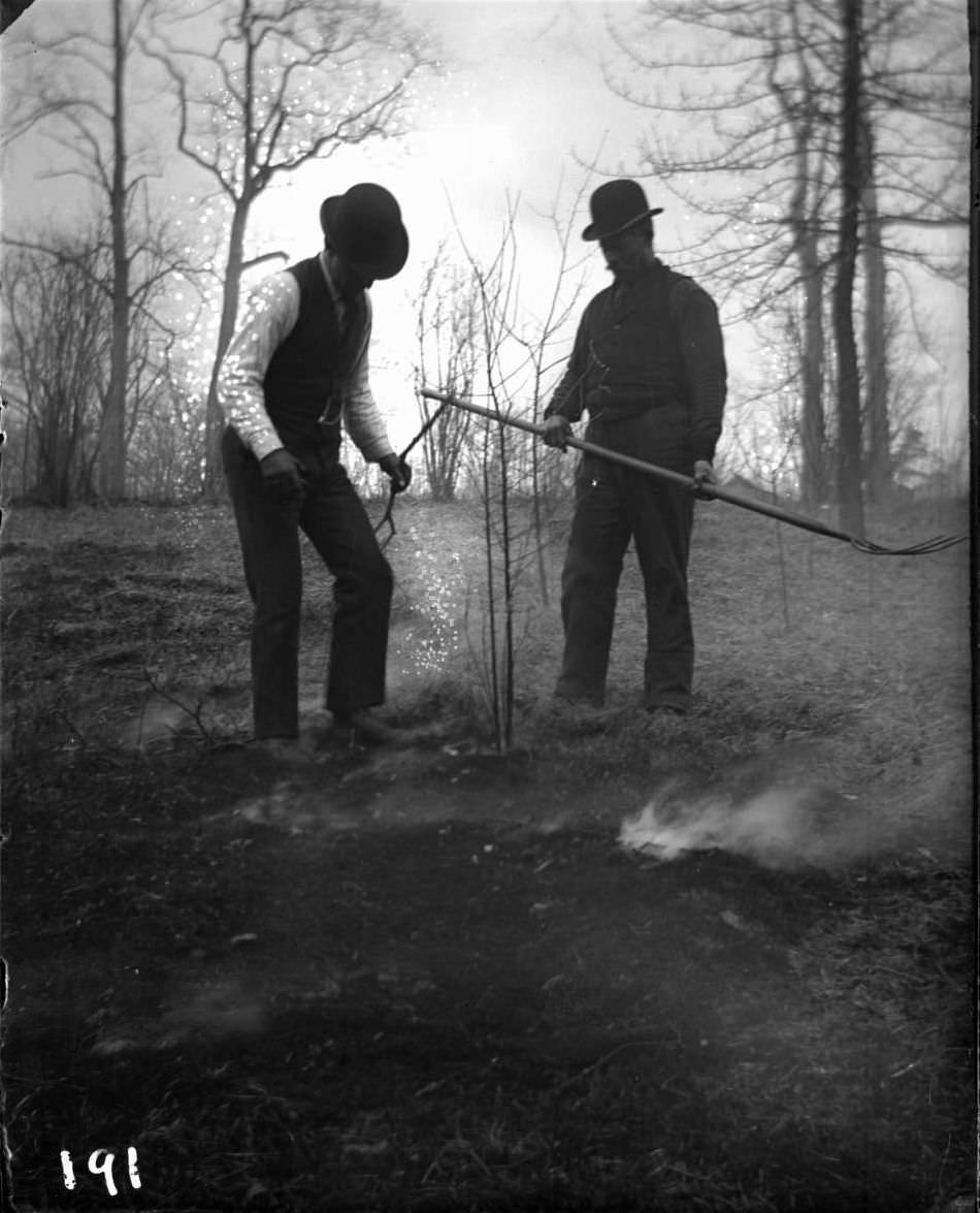Two Men Fighting A Grass Fire In Bronx Park, Bronx.