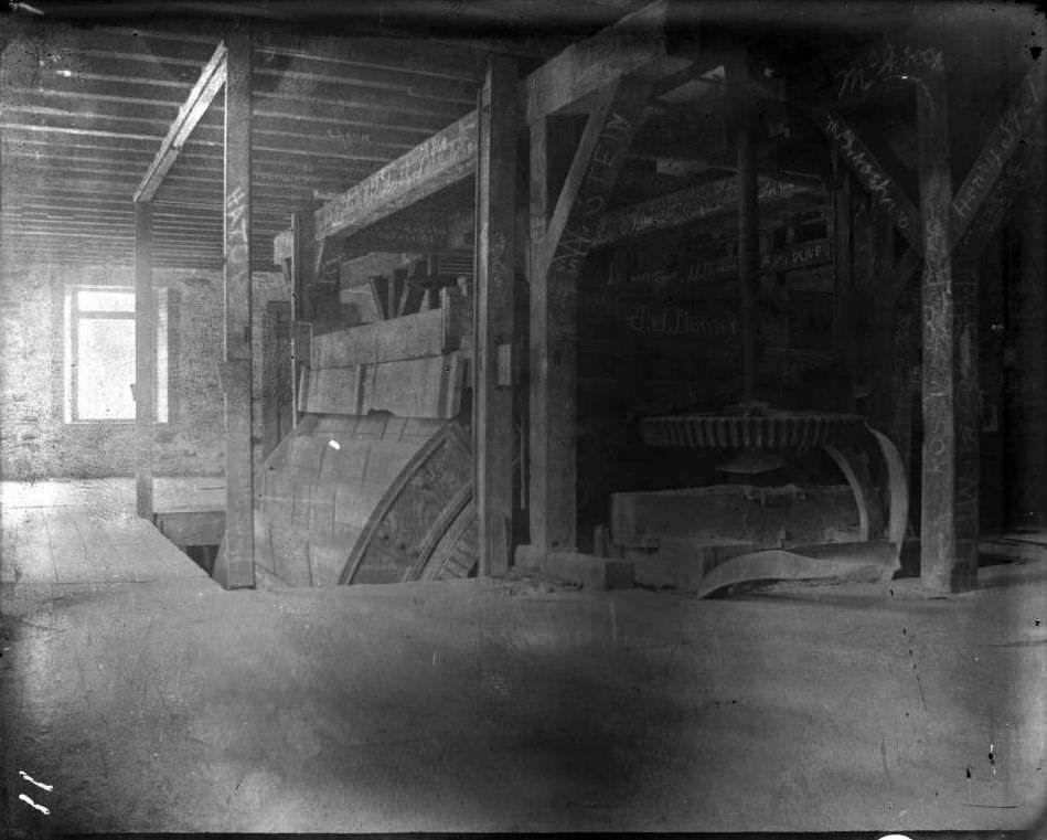 Graffitied Water Wheel Inside The Lorillard Snuff Mill In Bronx Park, Bronx, 1902.
