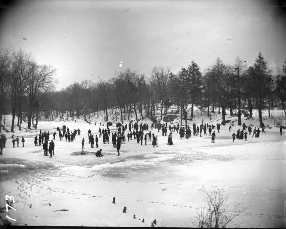 Ice Skaters On The Frozen River, Bronx Park, Bronx, 1904.