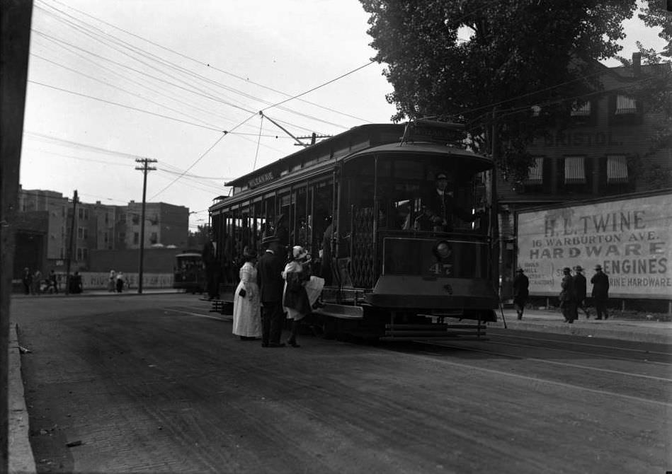 People Getting On A Streetcar At Mcclean Avenue And South Broadway, Yonkers, N.y., 1914.