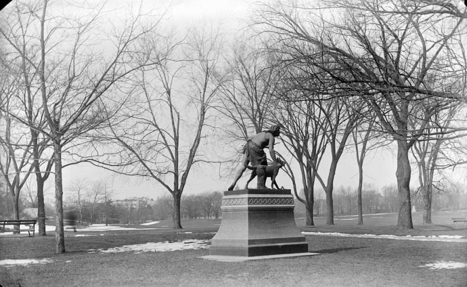 Indian Hunter And Dog Statue In Central Park, 1890.