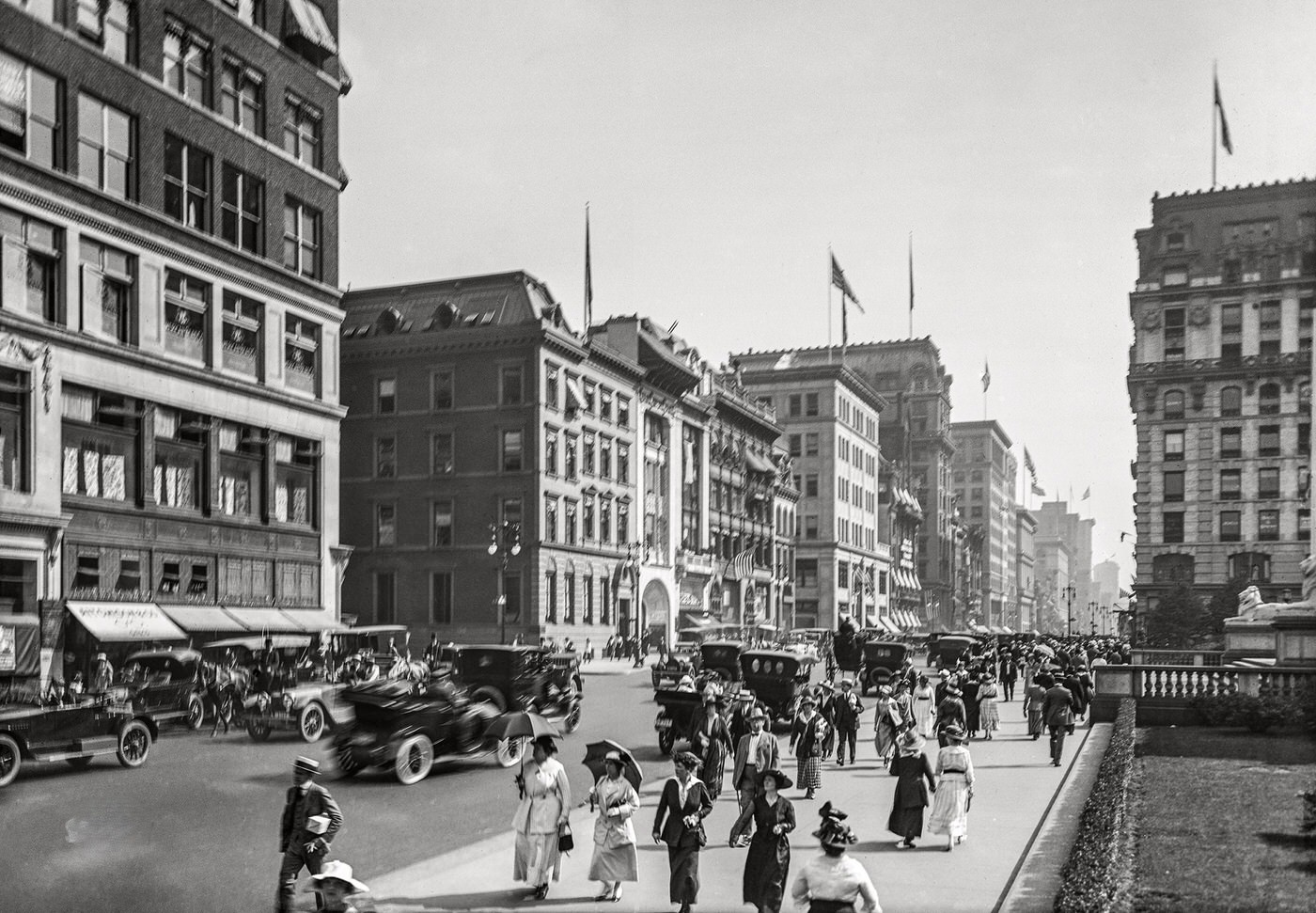 Fifth Avenue From Forty-Second Street, With The Lions Of The New York Public Library At Right, Manhattan, Circa 1916.
