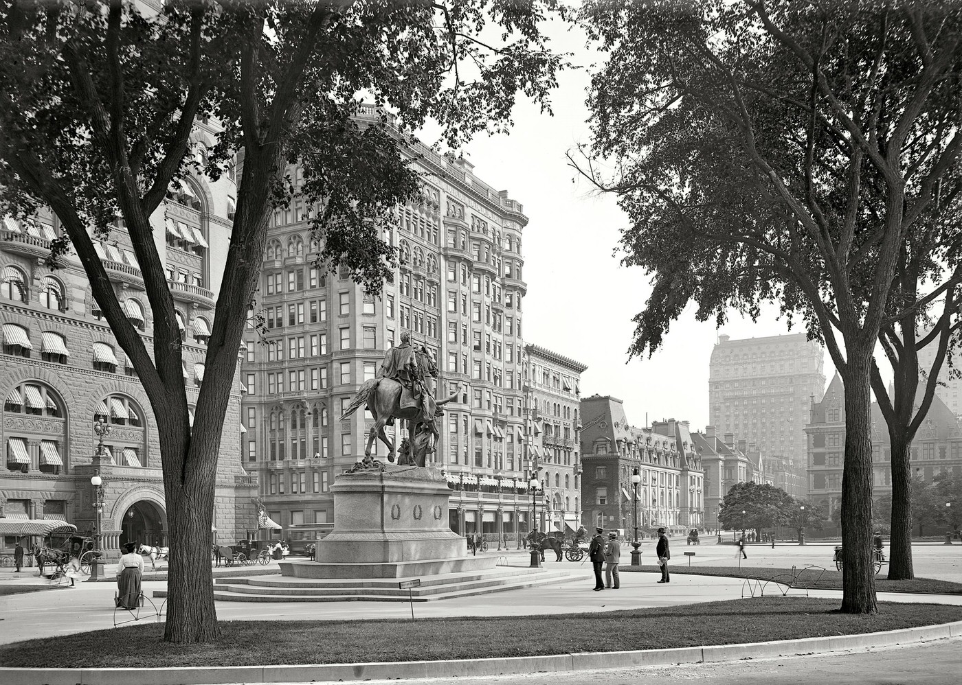 Gen. Sherman Statue At Fifth Avenue And 59Th Street, With Hotels Netherland, Savoy And St. Regis, New York, Circa 1904.